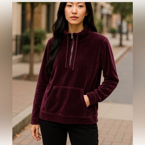 EDDIE BAUER Women's XL Tall Burgundy Velvet Half Zip Long Sleeve Pockets Hoodie - Picture 1 of 13